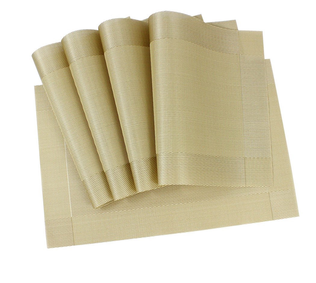Ranvi Placemats for Dining Table Heat Resistant Stain Resistant Washable PVC Placemats Set of 5 Kitchen Table Place Mats Woven Vinyl Placemats (Gold, Set of 5)