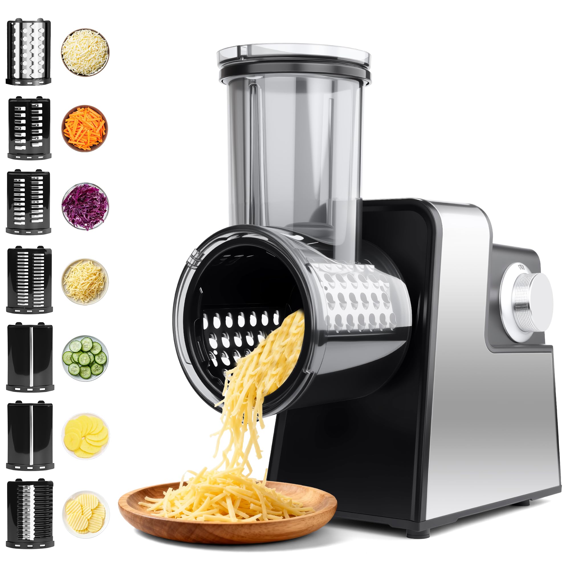 Photo 1 of Electric Cheese Grater 7 in 1, Stainless Steel Salad Shooter, Food Slicer Shredder Chopper with Rotary Switch, 300W, for Block Cheese Vegetables Cucumber Carrots