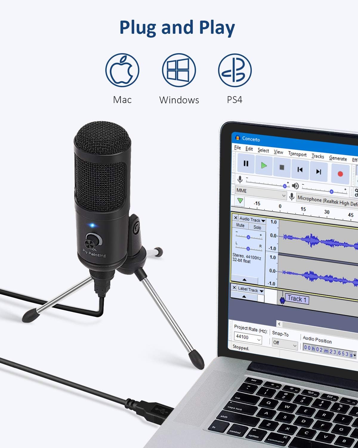 USB Microphone, Piy Painting Cardioid Recording Microphone, 192kHz/24bit Condenser Mic Compatible with PC Laptop Mac Windows, Plug&Play Computer Microphone for Podcasting, Gaming, Streaming-D08
