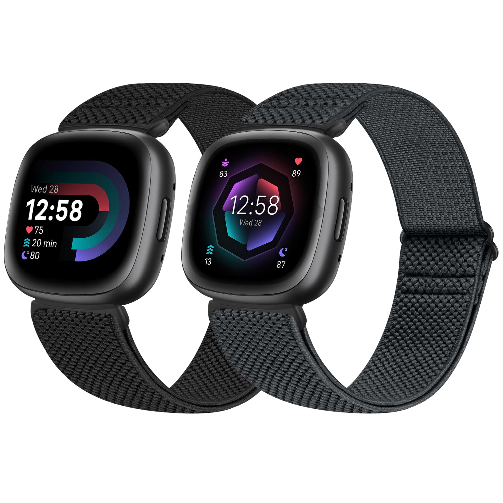 enkic 2 Pack Elastic Watch Strap Compatible with Fitbit Versa 4/3/Sense 2/Sense, Adjustable Nylon Loop Sport Strap, Stretchy Replacement Wristband, Black+Gray