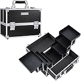 FRENESSA Makeup Train Case Makeup Case 11.8 Inch Large Cosmetic Box Organizer Travel Storage Professional Make Up Train Carrying Case with 6 Trays Locking Hard Vanity Storage Black