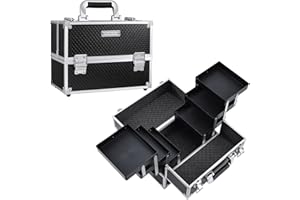 FRENESSA Makeup Train Case Makeup Case 11.8 Inch Large Cosmetic Box Organizer Travel Storage Professional Make Up Train Carrying Case with 6 Trays Locking Hard Vanity Storage Black
