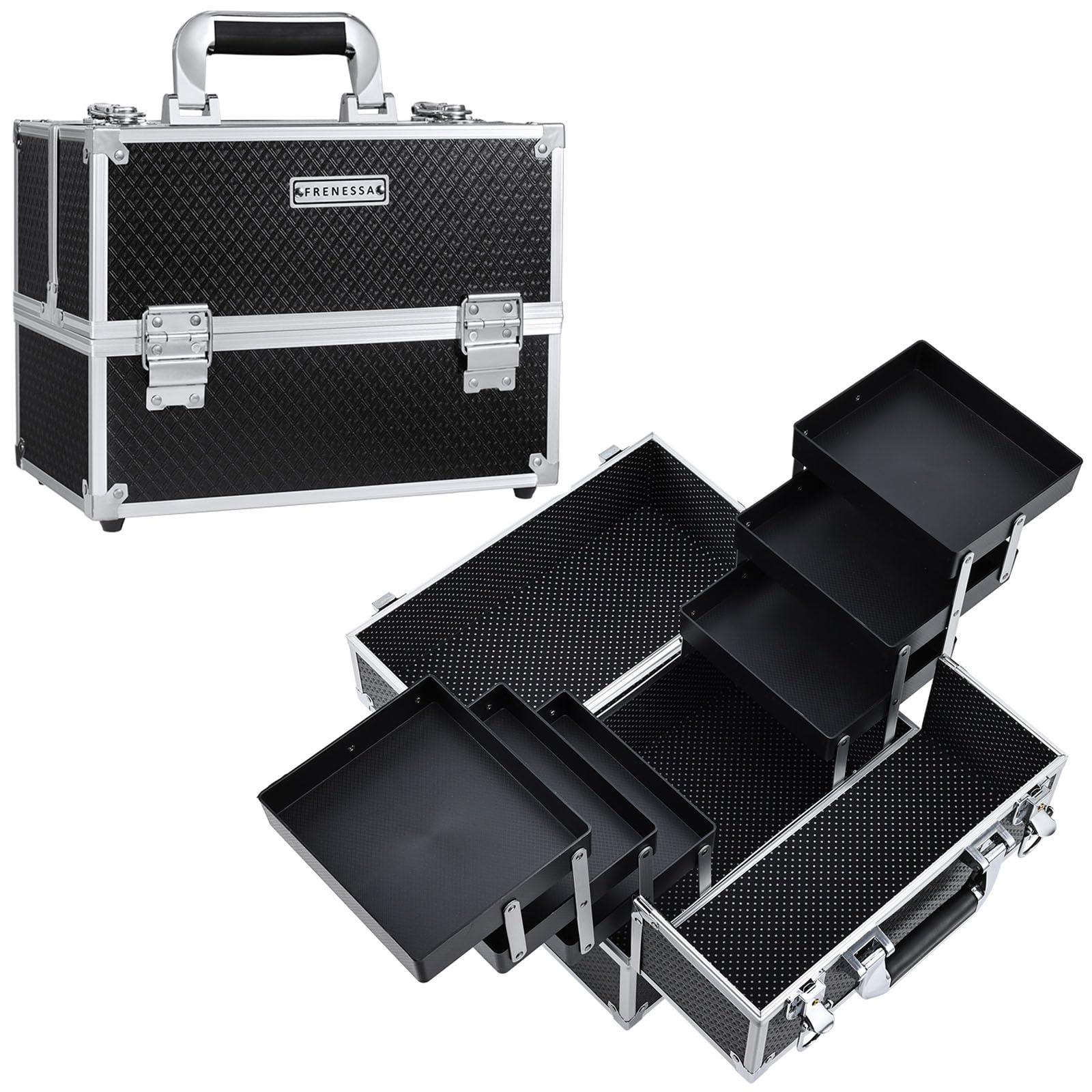 Photo 1 of FRENESSA Makeup Train Case Makeup Case 11.8 Inch Large Cosmetic Box Organizer Travel Storage Professional Make Up Train Carrying Case with 6 Trays Locking Hard Vanity Storage Black