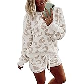 Ekouaer Fuzzy Fleece Pajamas 2 Piece Warm Soft Lounge Set Long Sleeve Sweater Top and Shorts Loungewear Outfits Sweatsuits
