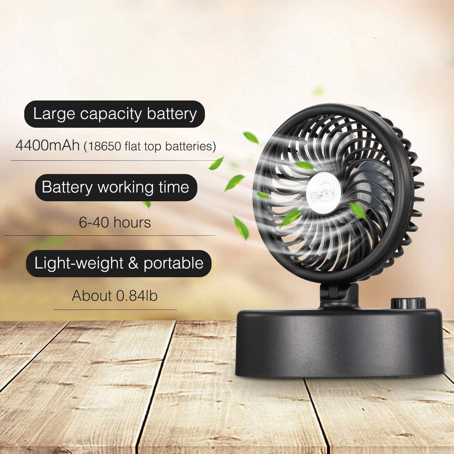 Ausein Oscillating Desk Fan, Mini Personal Cooling Fans Rechargeable Battery & USB Ports Powered, 60 Degree Oscillation, Portable Fan for Home, Office, Travel, Camping