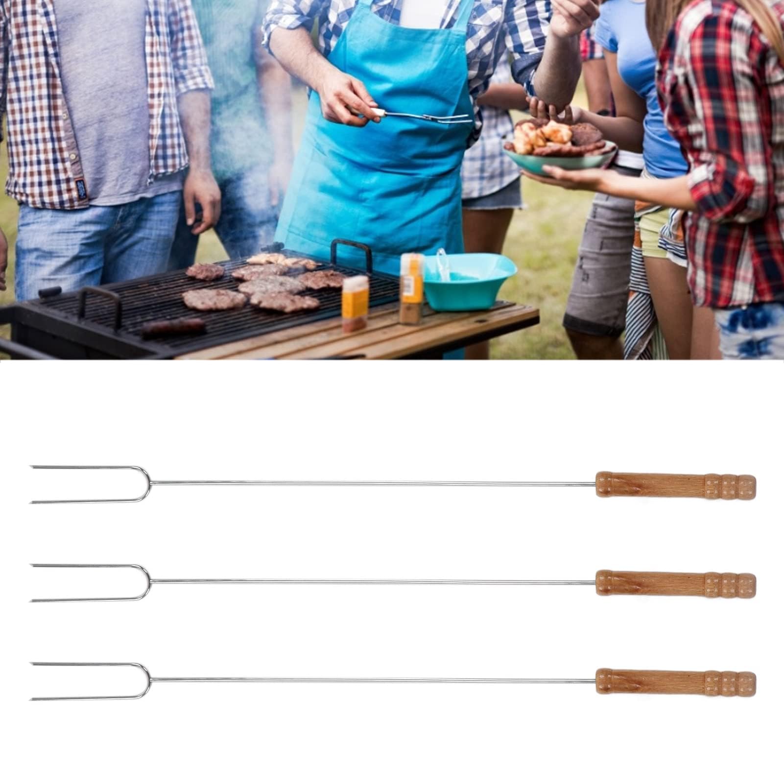 Roasting Sticks Wooden Handle,Roasting Sticks Camping Skewer BBQ Roasting Smores Sticks Rotating Stainless Steel Skewer Fork for Kids Camping Grill Campfire Firepit