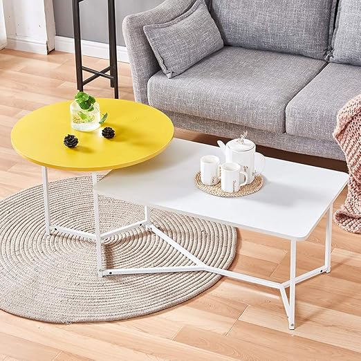 Amazon Com 2 Tier Coffee Table Round Square Sofa Side Table Modern Living Room Center Table With Metal Frame White Yellow Kitchen Dining