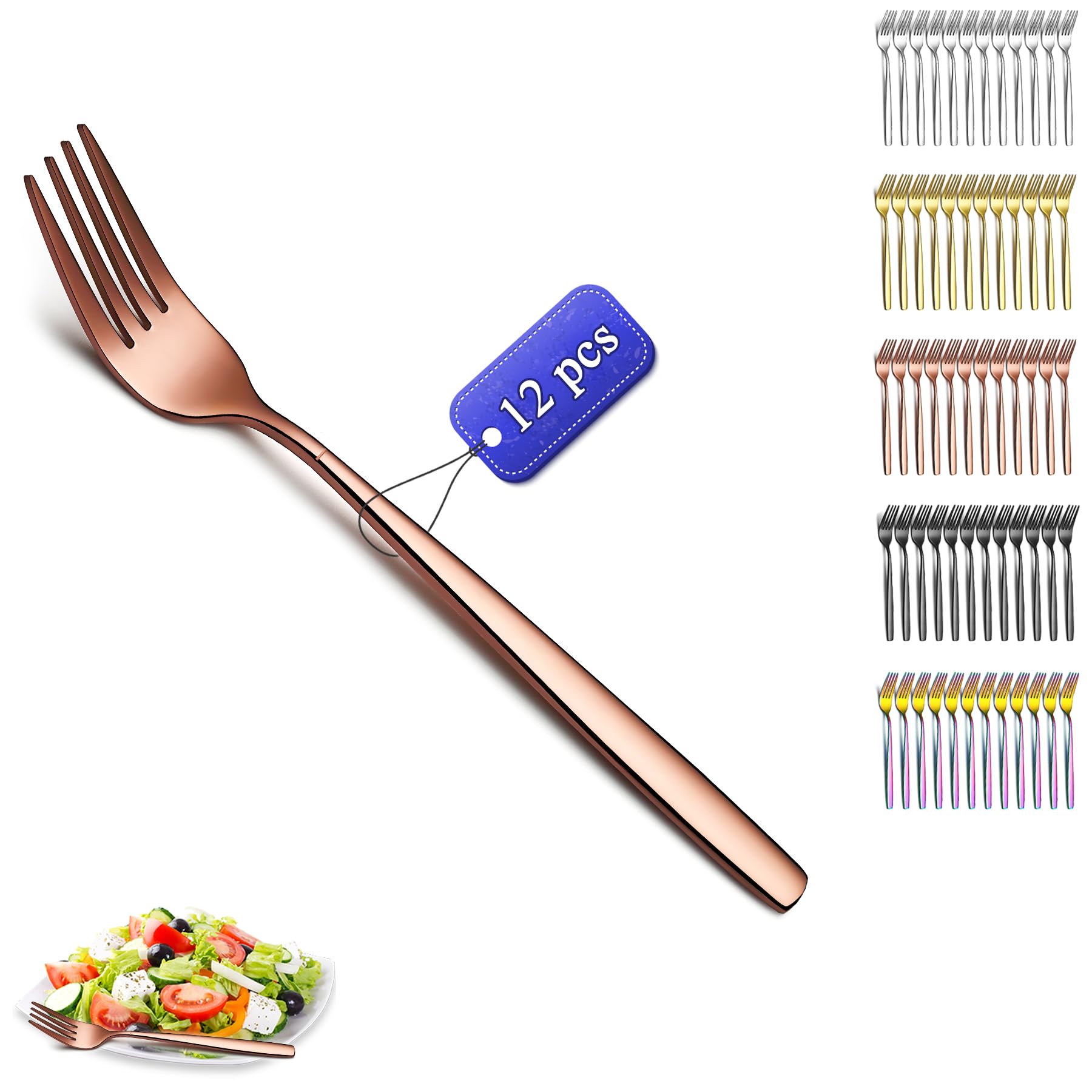 Kyraton Rose Gold Dinner Forks Set of 12 Pieces, 18.3cm Titanium Copper Plating Stainless Steel Table Forks Cutlery Set for Home, Restaurant, Hotel, Dishwasher Safe