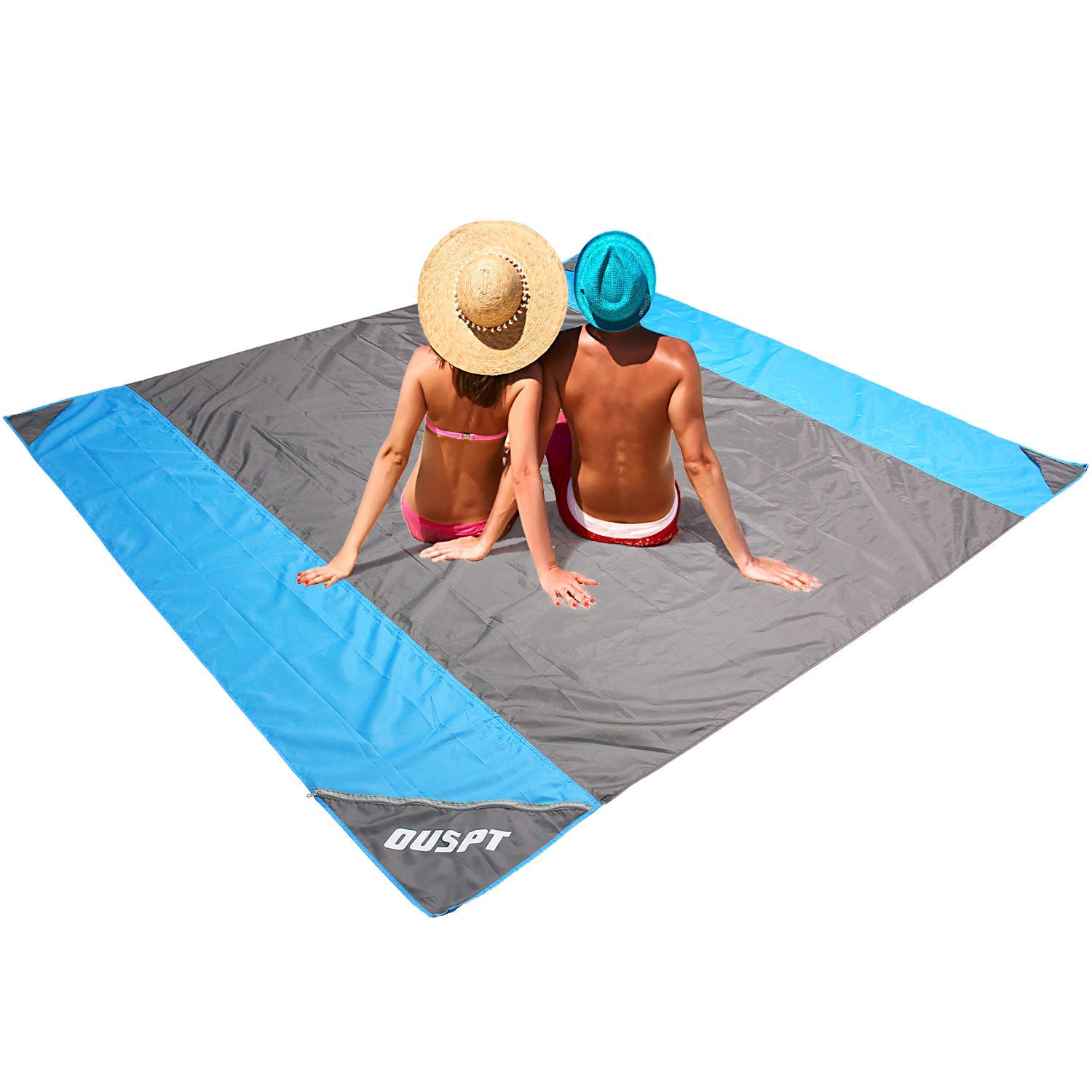 OUSPT Large Beach Blanket Sand Free Beach Mat Built in Sand Anchors & Zippered Valuables Pocket 6.6\' x 6.9\' Pocket Blanket Moisture Resistant Polyester Fast Dry Blue