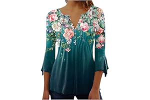 FLEKMANART Ladies Floral Printing 3/4 Sleeve Blouses V-Neck Short Sleeve Button Down T-Shirt Summer Casual Tunic Tops
