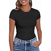 PALINDA Women's Short Sleeve Crew Neck Fitted Shirts Basic Casual Stretchy T Shirt Workout Tops