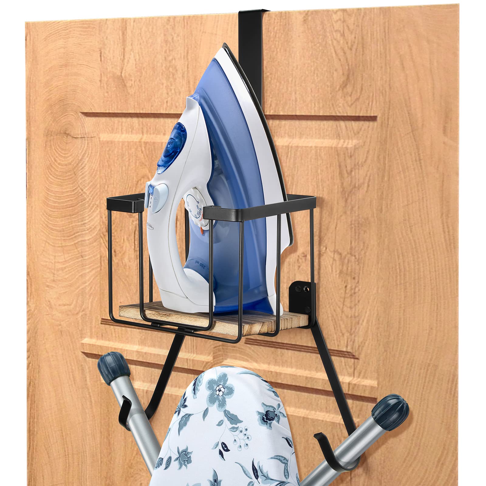 TJ.MOREE Wall Mount/Over The Door Ironing Board Holder with Large Storage Basket, Laundry Room Iron and Ironing Board Holder Storage Holder Black Middle