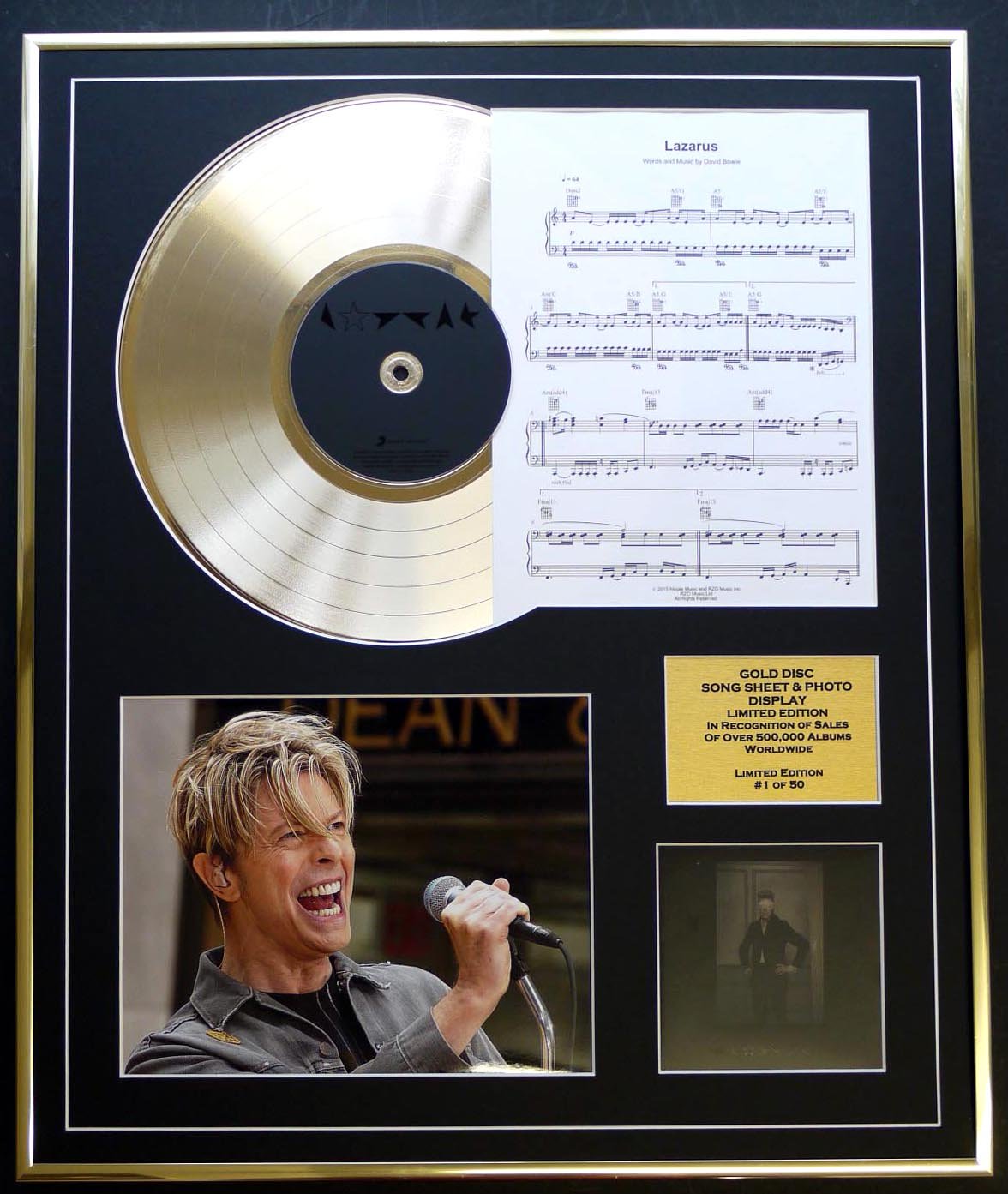 DAVID BOWIE/CD GOLD DISC, SONG SHEET & PHOTO DISPLAY/LTD. EDITION/COA/ALBUM BLACKSTAR/SONG SHEET LAZARUS