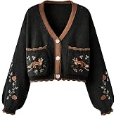 BEAUDRM Women's Fall Cropped Cardigans Cottage Core Button Up Boho Sweater | Floral Fox Embroidered, Cute Button Down Sweaters, Whimsical Clothes, Christmas Cardigans