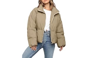 Polu Women's Winter Cropped Puffer Jacket Oversized Long Sleeve Full Zip Puffy Coat Warm Quilted Jacket with Pockets