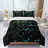 Geometric Green Black Neon Comforter Set,Light Honeycomb 3 Piece Bedding Set Twin for Teen Boys,Modern Bedding Quilt Set Geometry Decor,Microfiber Lightweight 1 Comforter 2 Pillowcases All Season