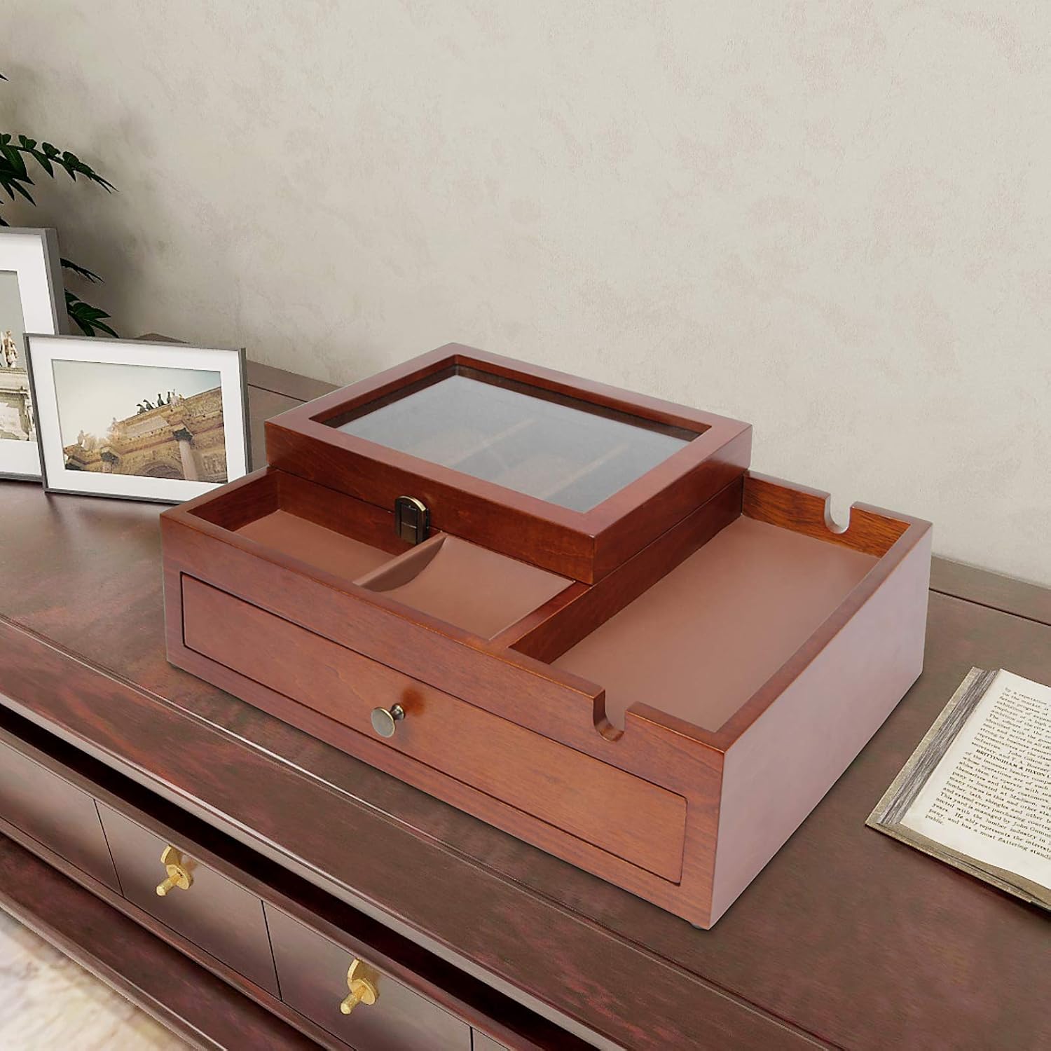 Homde Dresser Valet Organizer Wood Mens Storage Box with Large Smartphone Charging Station for Watches, Sunglasses, Jewelry and Accessories: Home Improvement