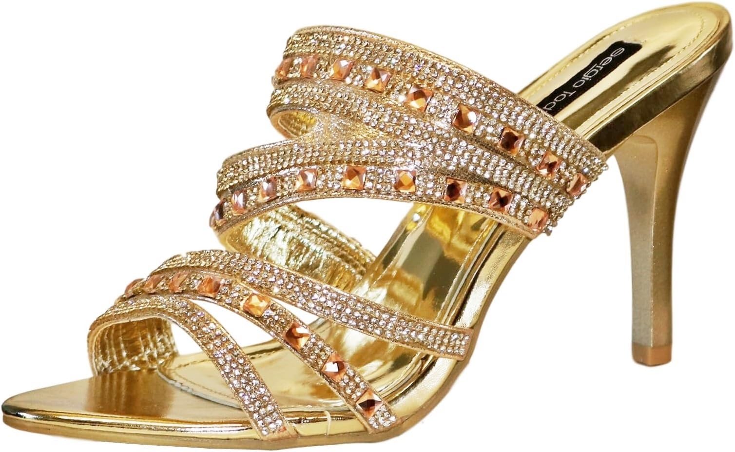 Rock on Styles Ladies Diamante Mid High Heel Evening Bridal Slip On Shoes Sandals Mules-GH199