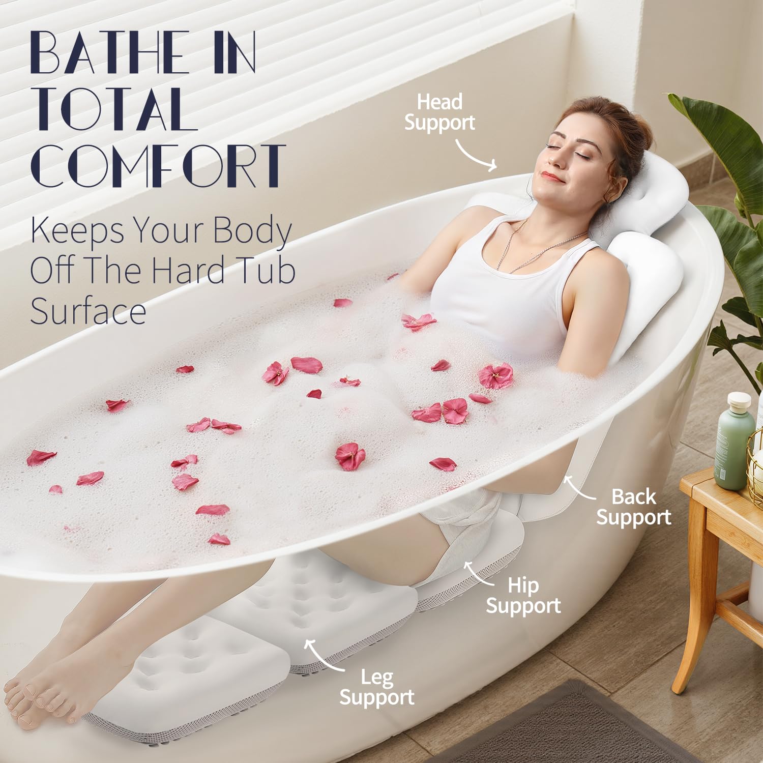 Full Body Bath Pillow for Bathtub, Thick Bathtub Cushion with Laundry Bag, Luxury Tub Pillow for Bath for Headrest Neck and Back Support White 60