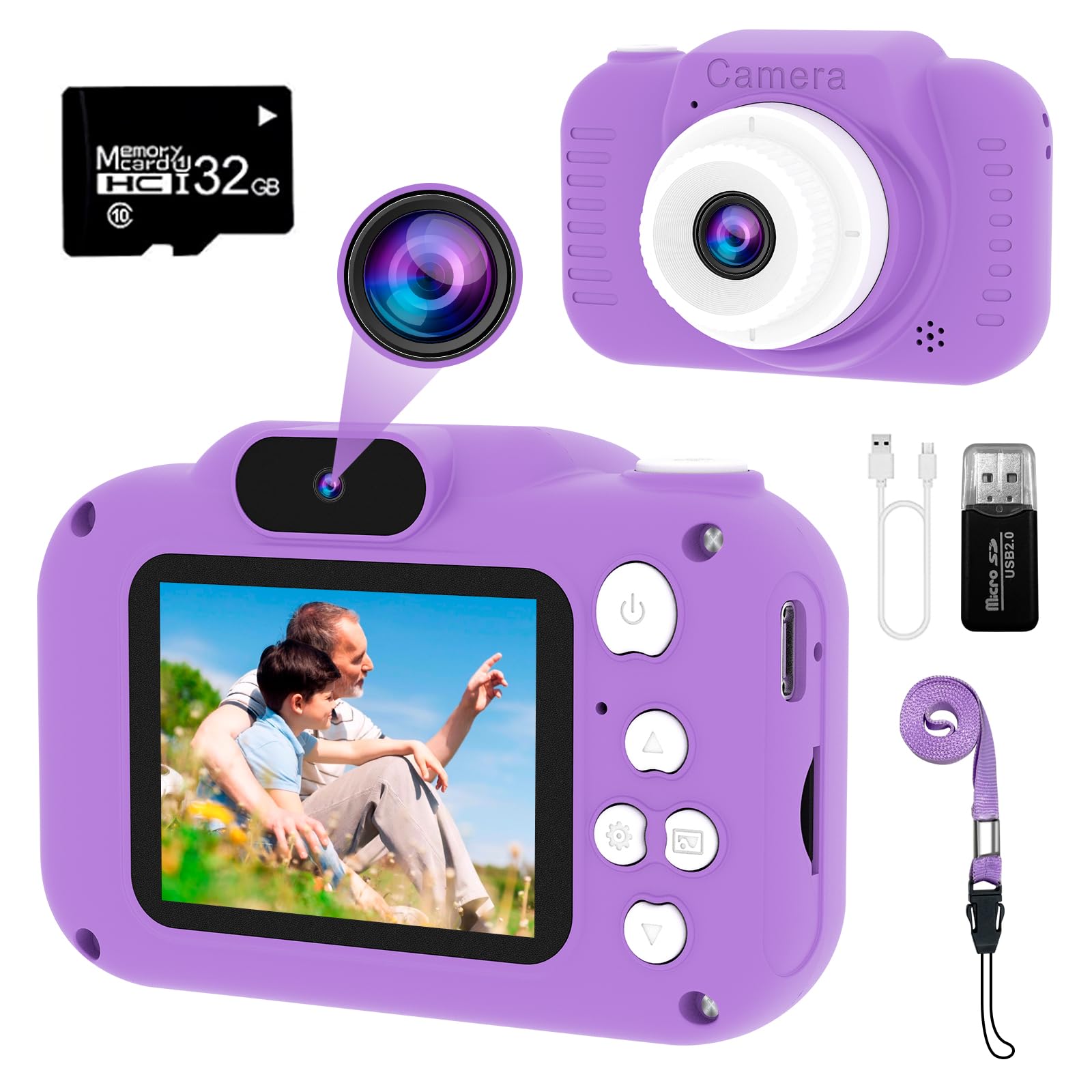 GlobalCrown Kids Camera,Mini Rechargeable Childrens Digital Cameras,Video Camcorder Gifts for Boys Girls 3 4 5 6 7 8 Age,HD Video Dual lens selfie Toys for Outdoor Play(32GB Card Included)