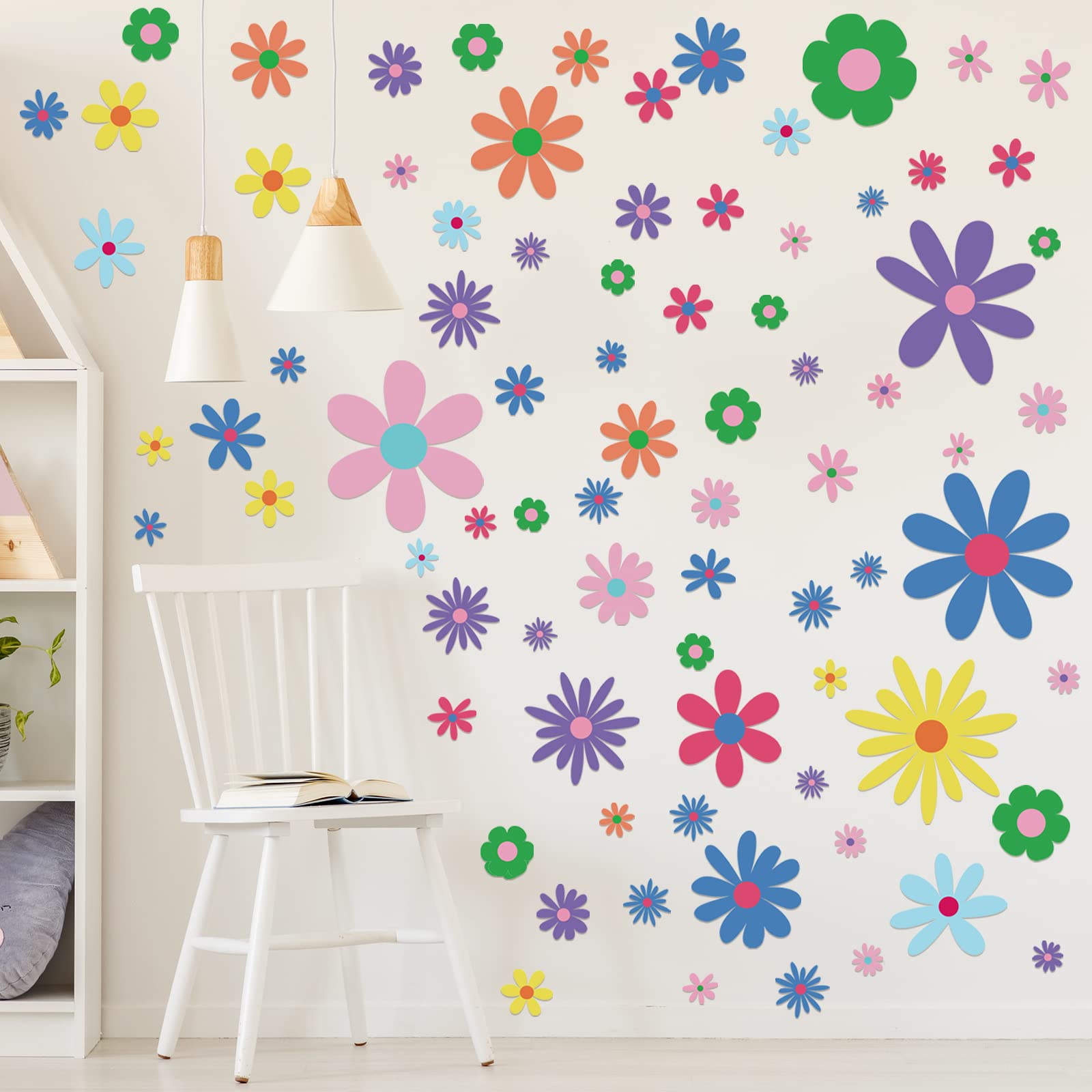 Kisston 90 Pcs Daisy Wall Decal Alphabet Vinyl Wall Decals Boho Decal Daisy Stickers Boho Groovy Floral Stickers for Nursery Art Bedroom Classroom(Bright)