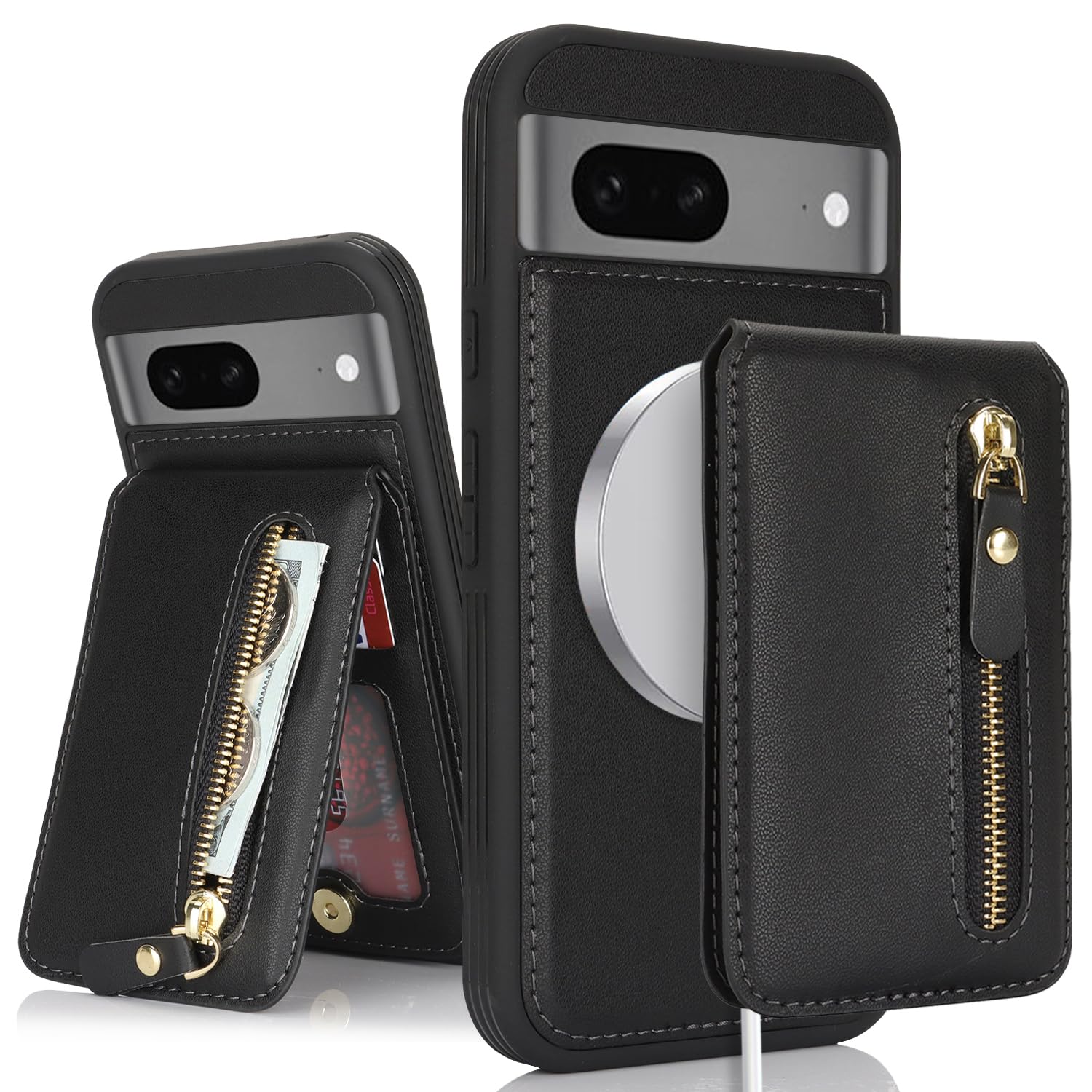 SailorTech Google Pixel 7 Phone Case with credit card Holder, Google Pixel 7 Case with Kickstand credit card Slots Wallet Detachable 2-in-1 Zipper Case - Black