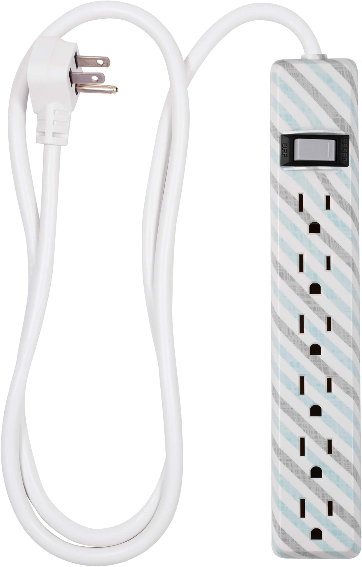 Cordinate6 Outlet Power Strip, 4 Ft Extension Cord, Power Strip, Flat Plug, Wall Mount, for Bedroom, Dorm, or Home Décor, Integrated Circuit Breaker, UL Listed, White, Gray & Mint Stripes, 31040