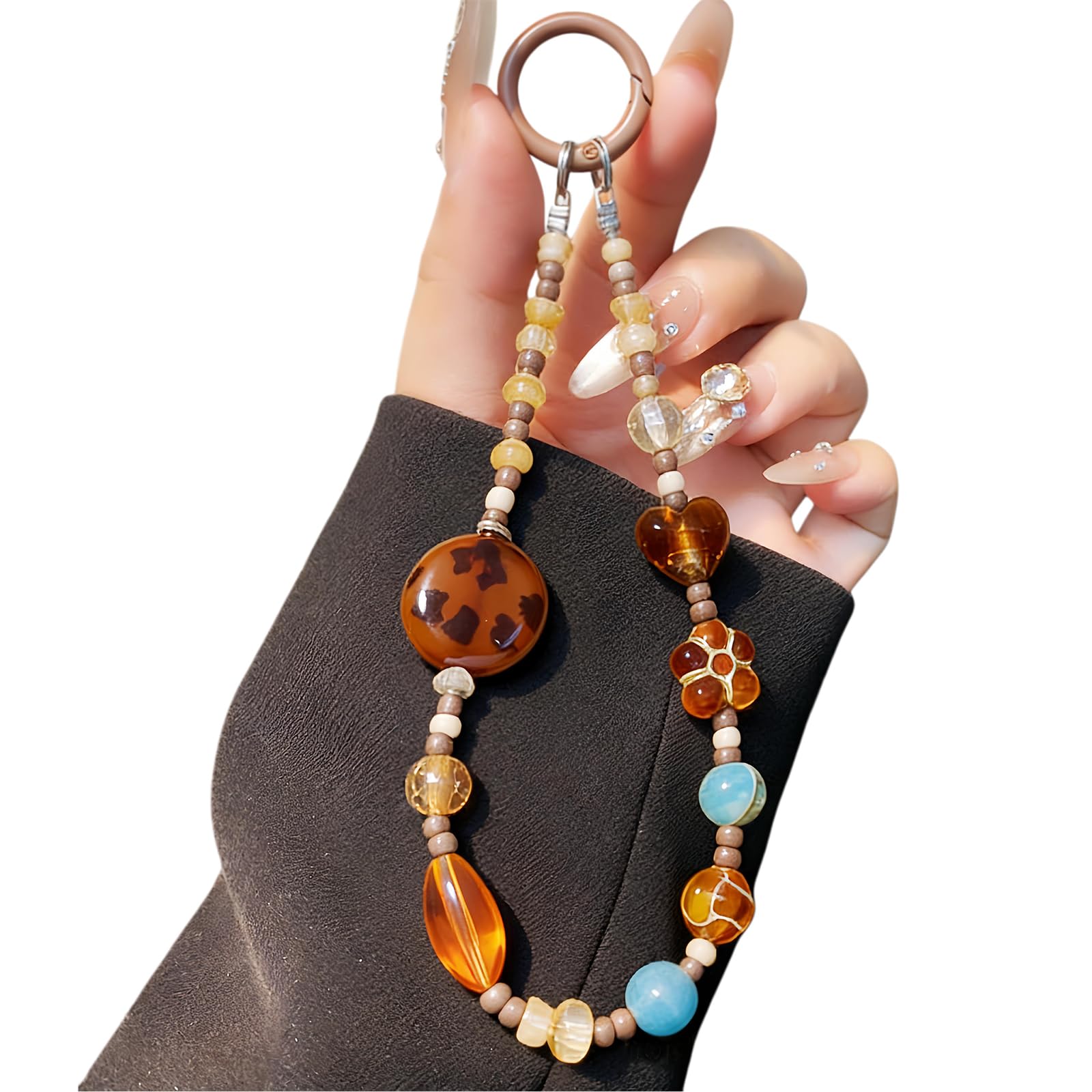 LIFCIUSO Phone Charm with Crystal/Handpainted Bead, Kawaii Hands-Free Wrist Strap for Women Girl, Cute Heart Fluffy Leopard Print Shell Bead, Luxury Bling Diamond Glitter Beaded, Phone Lanyard