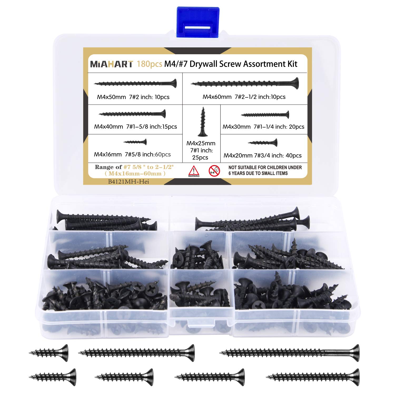 MIAHART 180 Pcs M4 Black Wood Screw Assortment Coarse Thread harp Point Self Tapping Screws 7 Sizes Drywall Screws for Drywall Sheetrock Wood Furniture and Cabinet