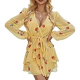 WOCV Long Sleeves Chiffon Print Wrap Front Mini Skater Dresses Spring Summer Dress