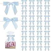 50 Pcs Blue Twist Tie Bows for Gift Wrapping, 2.5" Satin Ribbon Bow for Treats Cake Bags Birthday Party Decorations, Wedding Present Wraping Premade Small Bows for Crafts