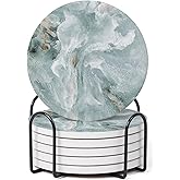 Hoomey Set of 6 Abstract Marble Coasters with Holder, Absorbent Ceramic Coasters for Drinks, Coasters with Cork Backing for Table Protection, Housewarming Gifts for New Home