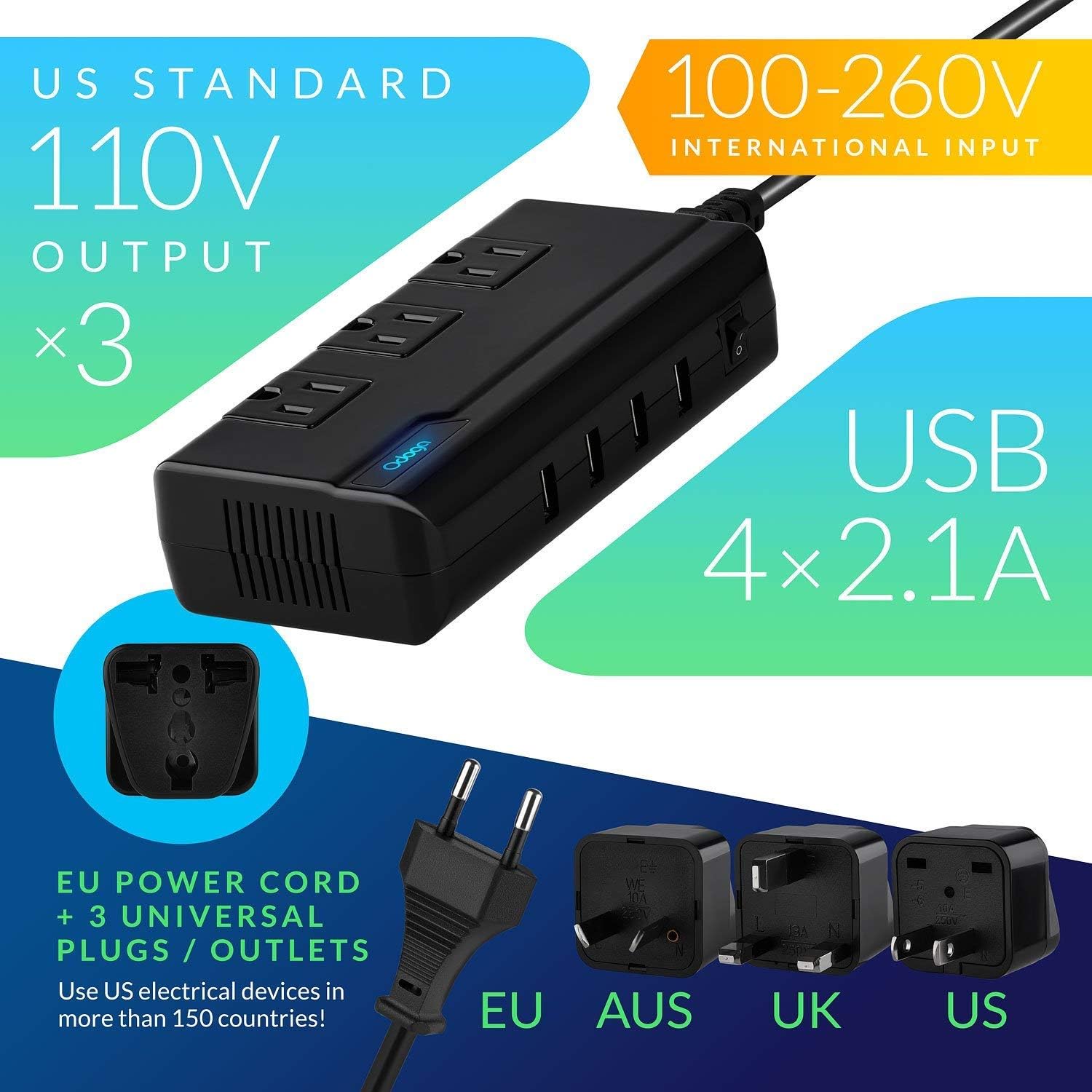 Odoga Voltage Converter 220V to 110V Travel Adapter with 4 USB Ports 3 AC Outlets and UK/Europe/AUS International Travel Plugs for More Than 150 Countries: Automotive