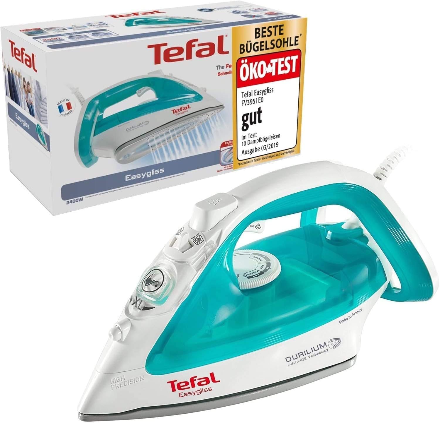 Tefal Durilium Bügeleisen Dampfbügeleisen mit 120g Dampfstoß, Testsieger 2019 mit bester Bügelsohle (Durilium AirGlide Sohle mit drei Dampfzonen, 2400 Watt, Selbstreinigungsfunktion, Antikalk-System)