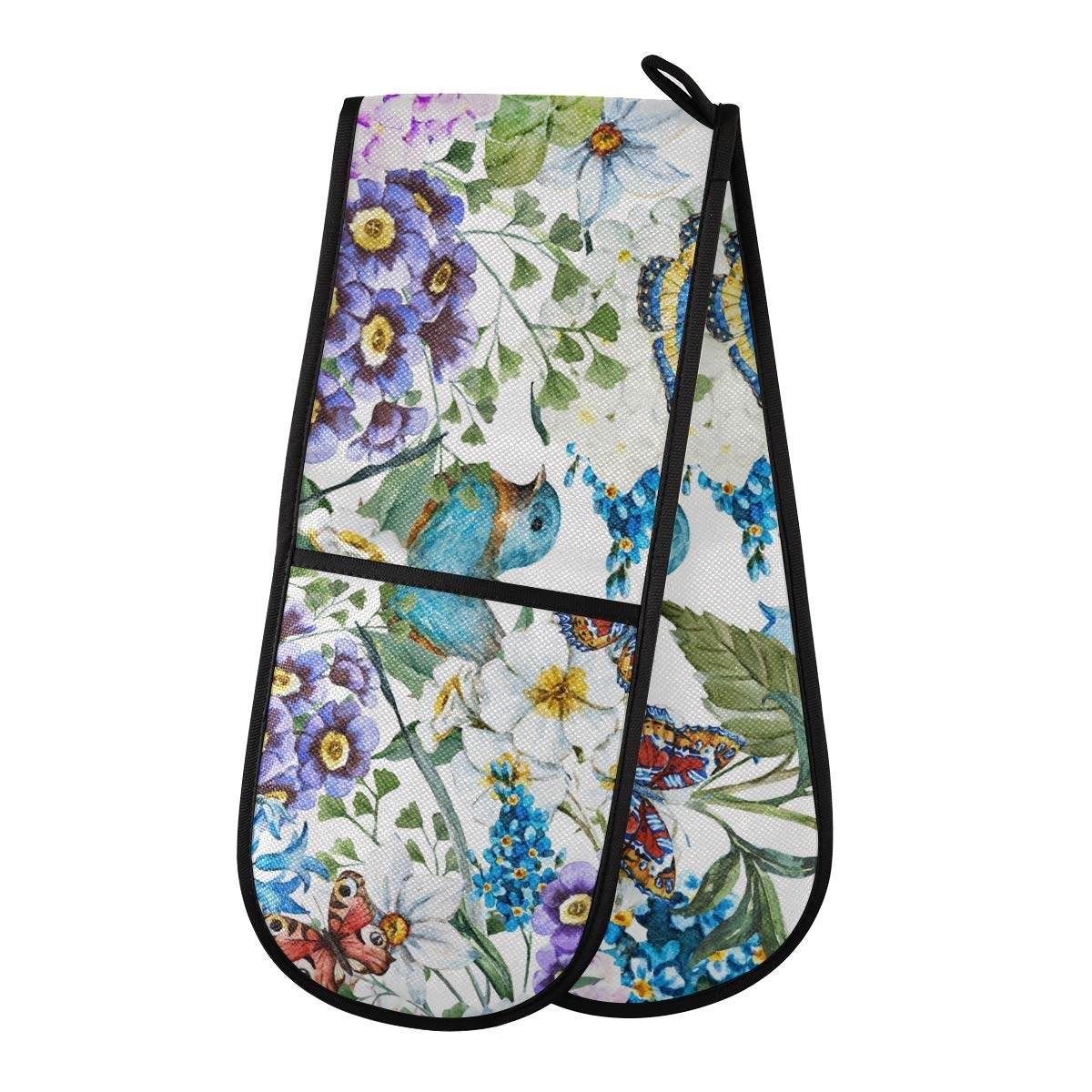 ZZXXB Spring Bird Butterfly Floral Double Oven Mitt Heat Resistant Non-Slip Kitchen Gloves Extra Long 7" x 35" for Cooking Baking Barbecue Grilling — image 1
