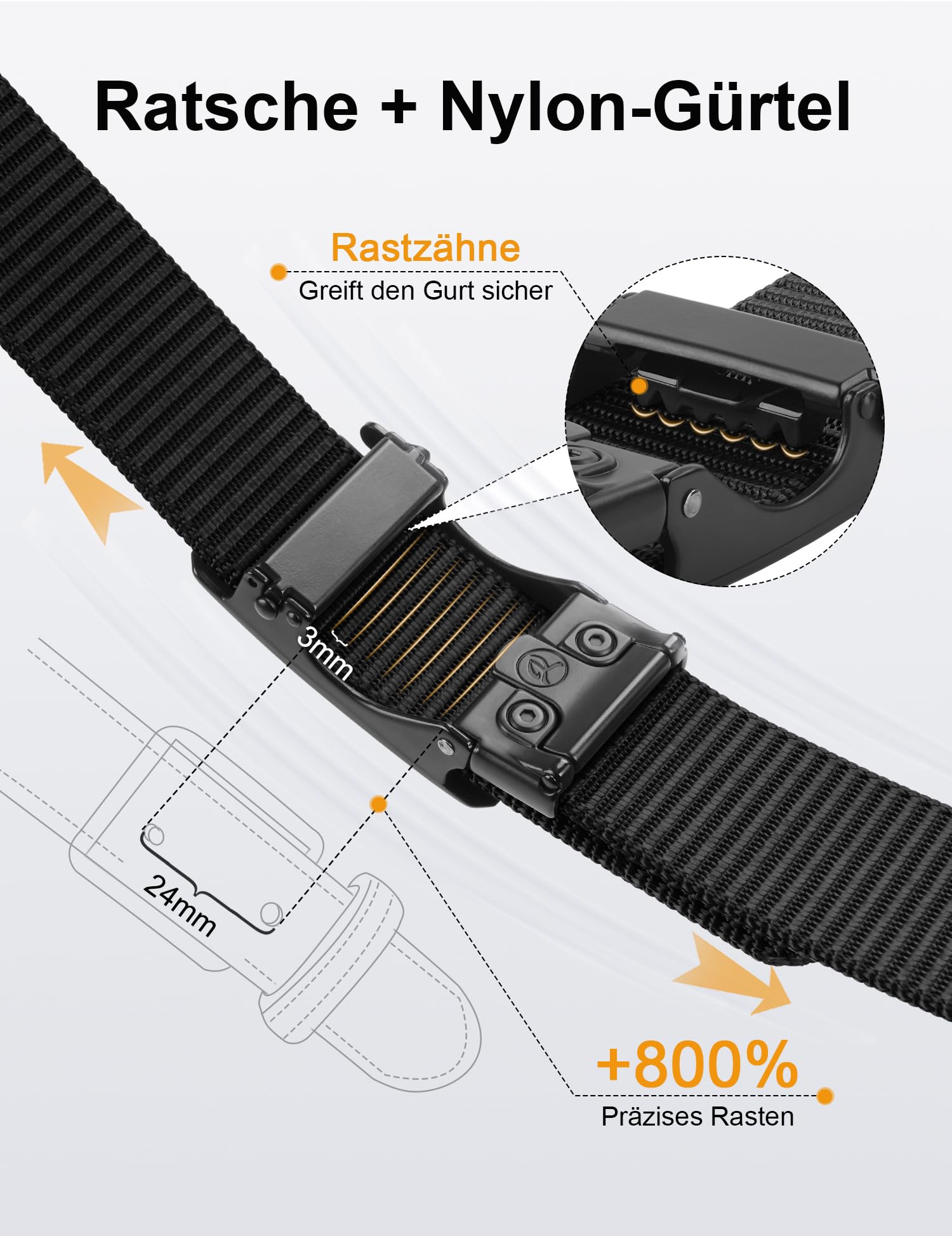 JUKMO Automatik Gürtel Herren, Nylon 3,8cm Ratsche Gürtel (Schwarz, M-für Taille 91cm-105cm (Länge 125cm)) 2
