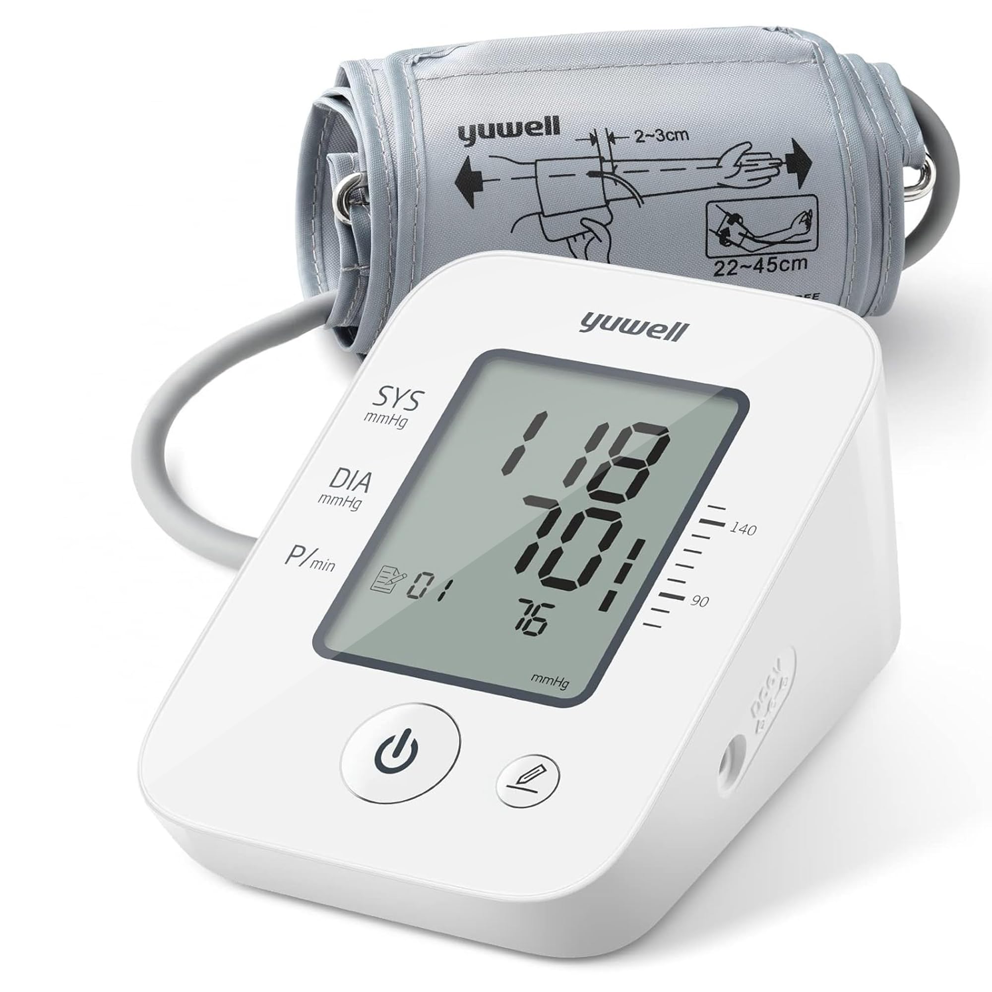 yuwell Oberarm-Blutdruckmessgerät große Manschette für 22-45 cm Oberarm, Digitaler Blutdruckmessgerät zur Genauen Blutdruck- und Pulsmessung mit Speicherfunktion und Arrhythmie-Erkennung (YE660D)