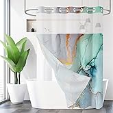 Gibelle No Hook Marble Shower Curtain with Snap-in Fabric Liner Set for Bathroom, Hotel Style Abstract Modern Shower Curtain with See Through Top Window, Waterproof & Washable, 71x74, Green