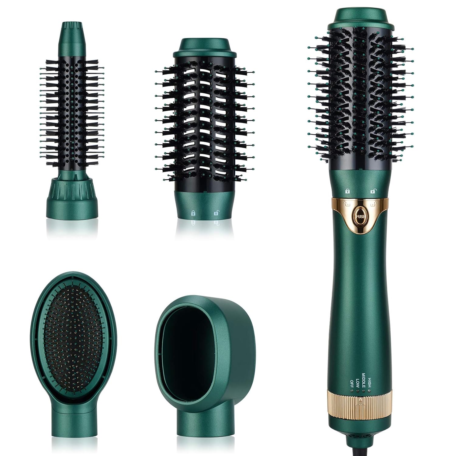 Hair Dryer Brush, Interchangeable Brush Head Hot Air Brushe Set, 4 in 1 Hair Dryer and Volumize with Negative Ion Reduce Frizz and Statics for Curling, Drying and Straightening (Green): Health & Personal Care