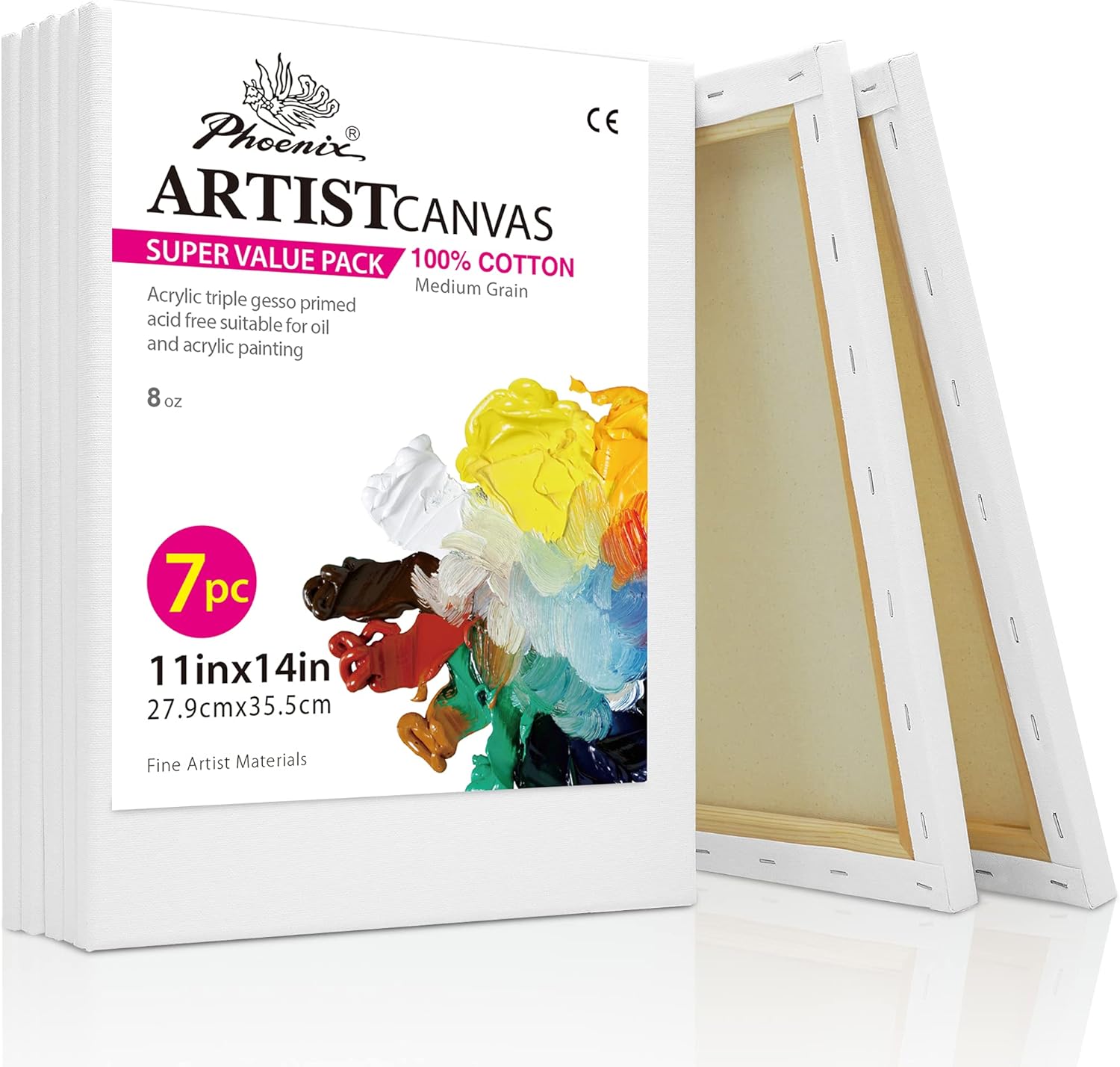 PHOENIX White Blank Cotton Stretched Canvas Artist Painting - 11x14 Inch / 7 Pack - 5/8 Inch Profile Triple Primed for Oil & Acrylic Paints