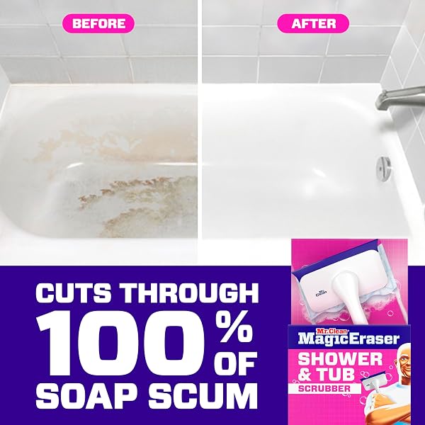MR. CLEAN MAGIC ERASER SHOWER & TUB SCRUBBER, BATHROOM CLEANER, ALL IN ONE BATHROOM CLEANER, LEMON STARTER KIT, 1 SCRUBBER & 2 FOAMING MAGIC ERASERS