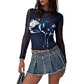 Fisoew Womens Cropped T Shirts Floral Print Mesh Long Sleeve Crew Neck Casual Tee Shirt Tops Y2K Going Out Outfits