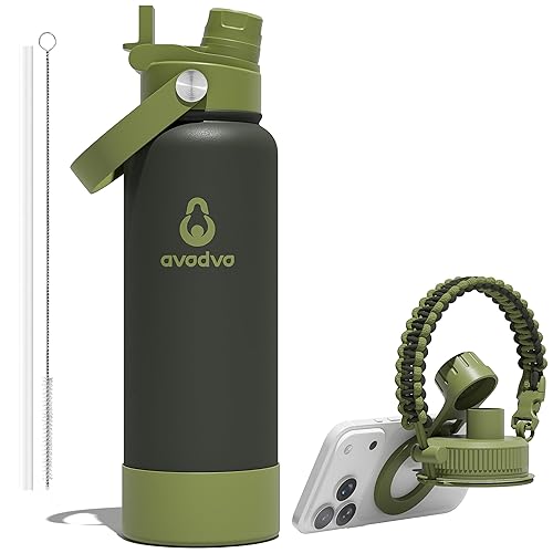 avodvo 40 oz Insulated Water Bottle with 2 Lids (2-in-1 Straw & Spout Lid, Magnetic Lid), Slim Water Bottle with Strap, Stainless Steel Water Bottle for Hiking, Gym, Travel, BPA-Free, Army Green