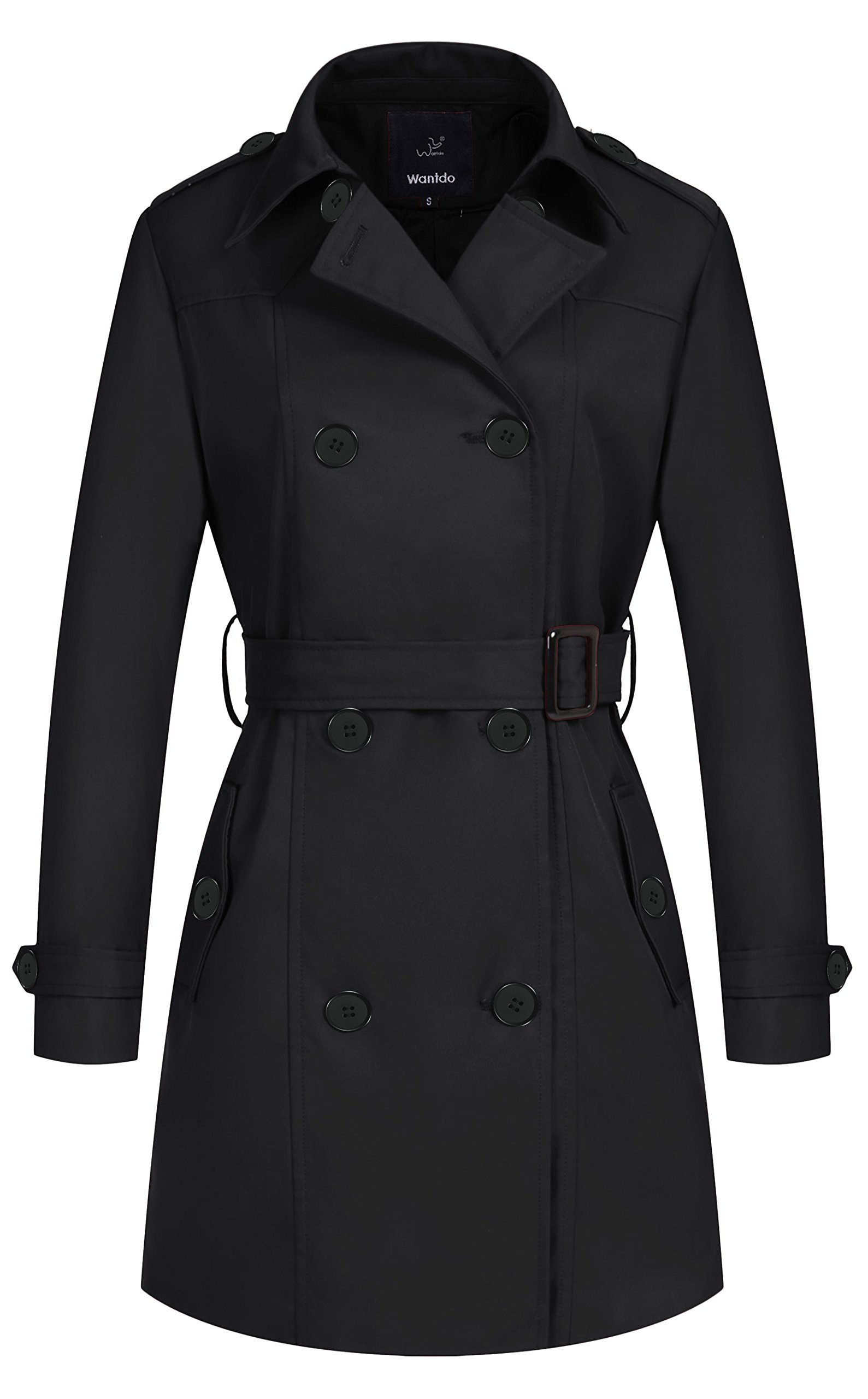 Wantdo Women's DoubleBreasted Long Trench Coat with Belt(Black,Small