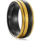 HIOLEEGI Black & Gold Hammered Tungsten Rings for Men - Scratchproof 8mm Wedding Bands Durable Tungsten Anniversary Jewelry