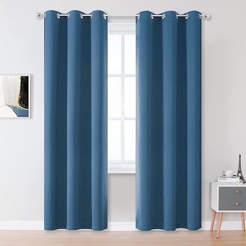 DUALIFE Denim Blue Curtains Blackout 84 Inch Length 2 Panels, Grommet Sunblock Room Darkening Long Skinny Curtains for Bedroom Door Doorway Width 34 Inch, Midnight Blue