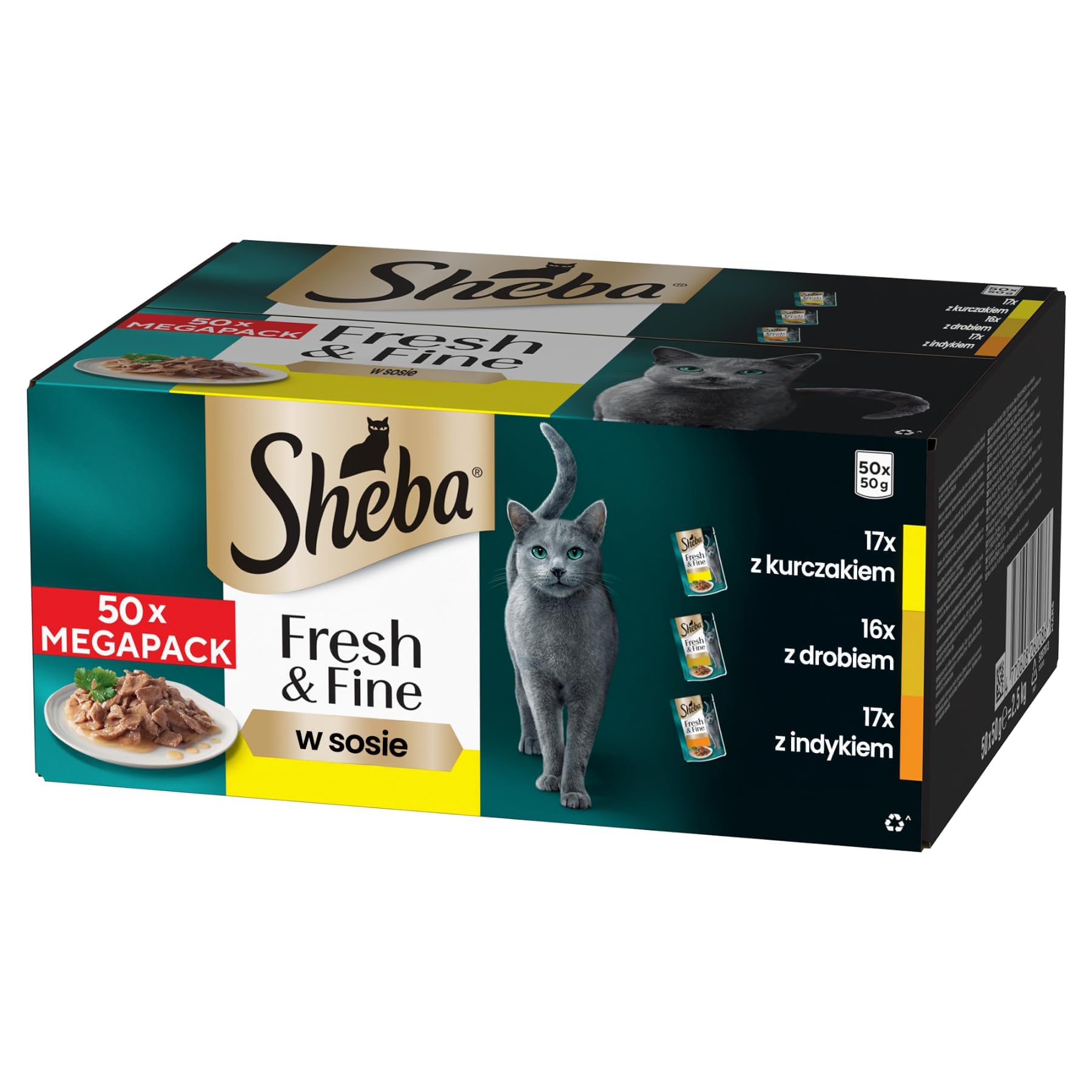 SHEBA Fresh & Fine Multipack Portionsbeutel 3 Varietäten Huhn, Geflügel, Truthahn in Sauce 50x50g