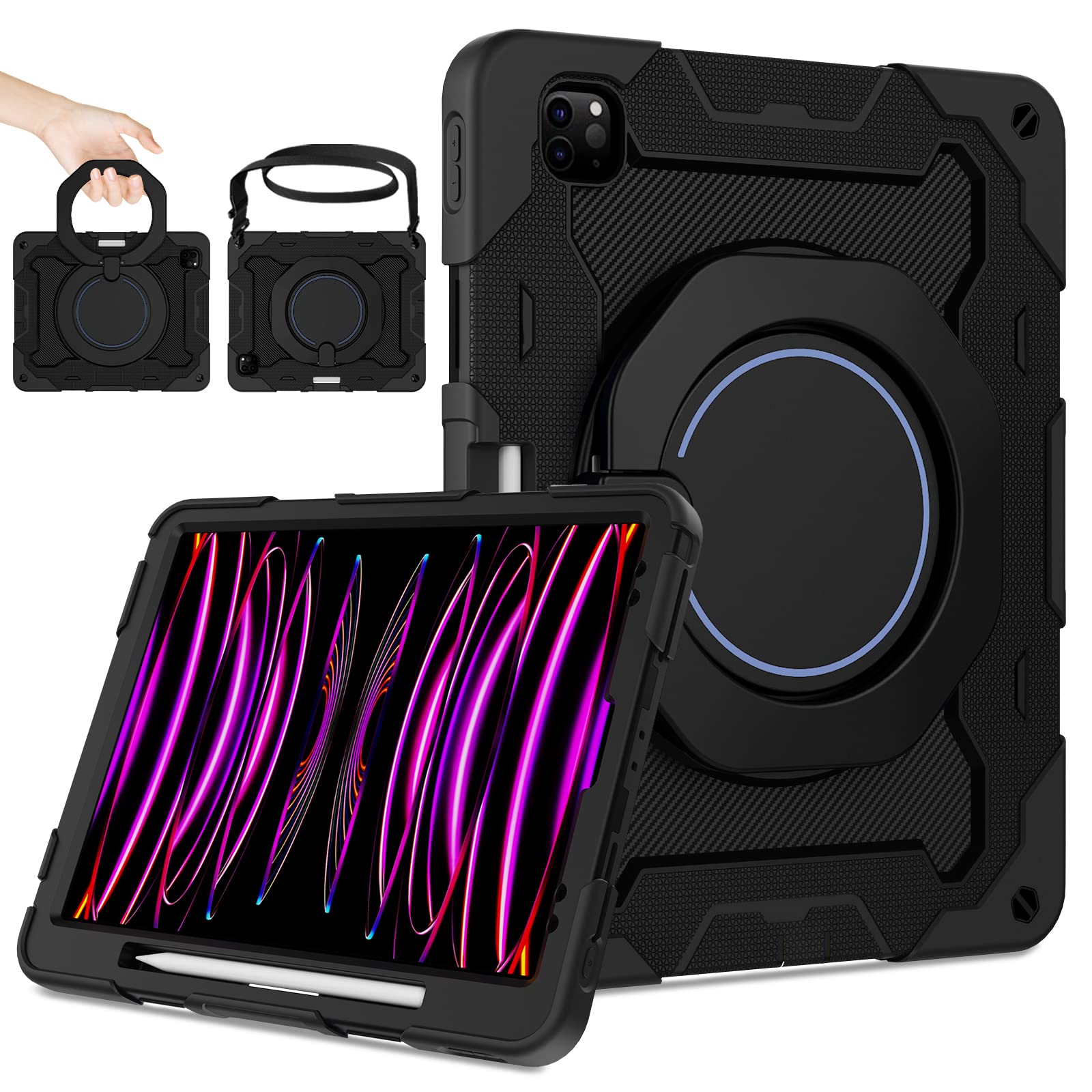 ROISKIN for iPad 12.9 Pro Case 6th/5th/4th/3rd Generation (2022/2021/2020/2018),Military Protective Cover for 12.9 inch with Screen Protector & Pencil Holder & Rotating Stand & Shoulder Strap,Black
