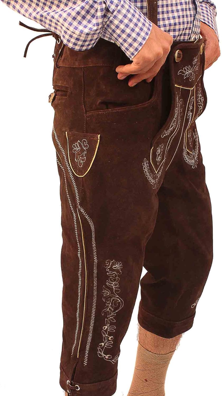 Lederhosen Store Oktoberfest Bavarian Bundhosen Men Authentic German Outfit Brown Deep Dark Brown: Clothing