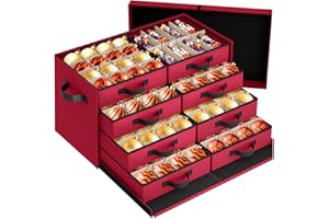StorageRight Christmas Ornament Storage Box - Ultra Large Drawer Ornament Organizer with 8 Separate Trays & Adjustable Dividers, Portable Ornaments Box with Cover & Handle for Holiday Decorations(Red)